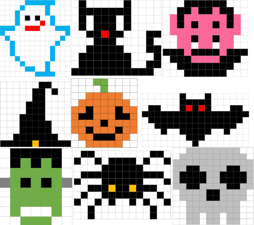 10 Schede Facili Per La Festa Di Halloween In Pixel Art Il Cappello Da Strega Il Fantasma Frankenstein Il Gatto Nero Il Pipistrello Il Ragno Il Teschio Il Vampiro E La Zucca