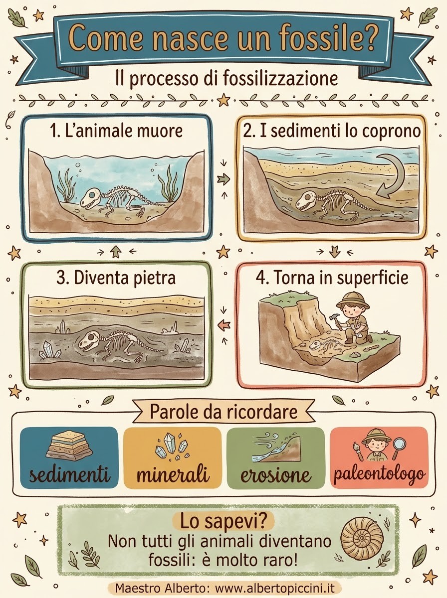 Infografica sul processo di fossilizzazione per la classe terza: le quattro fasi e le parole da ricordare