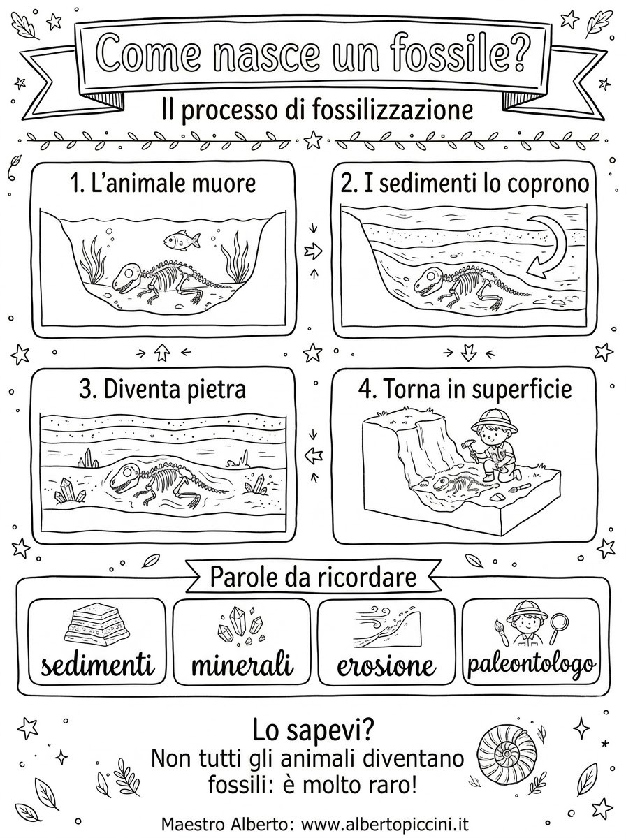 Infografica in bianco e nero da colorare sul processo di fossilizzazione: le quattro fasi e le parole da ricordare