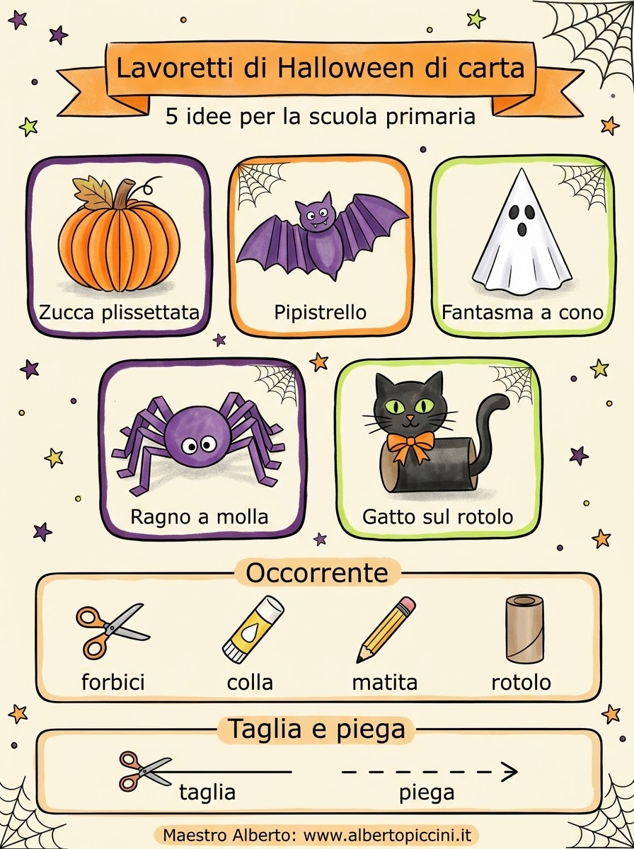 Infografica sui 5 lavoretti di Halloween di carta: zucca plissettata, pipistrello, fantasma, ragno e gatto nero