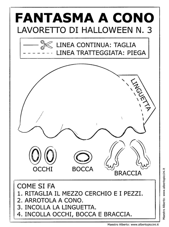Lavoretto halloween 3 fantasma a cono bianco nero da colorare