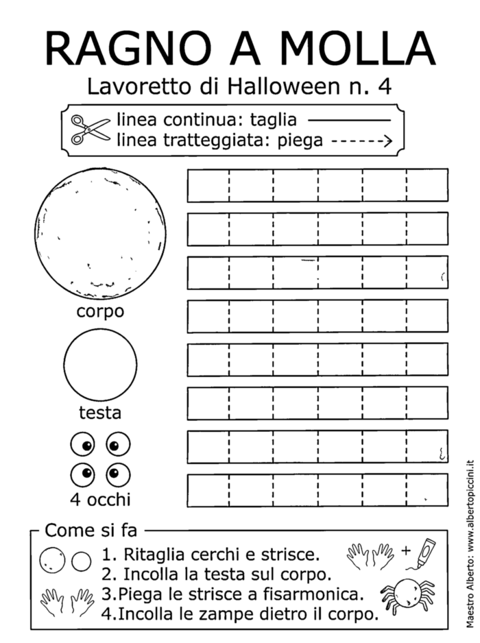 Lavoretto halloween 4 ragno a molla bianco nero da colorare