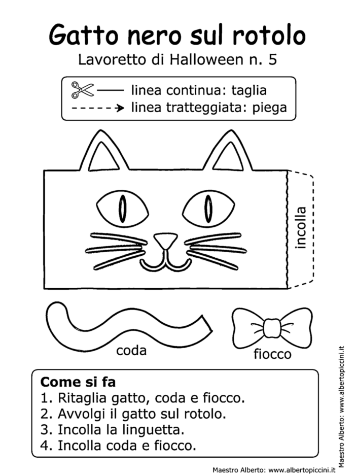 Lavoretto halloween 5 gatto nero sul rotolo bianco nero da colorare